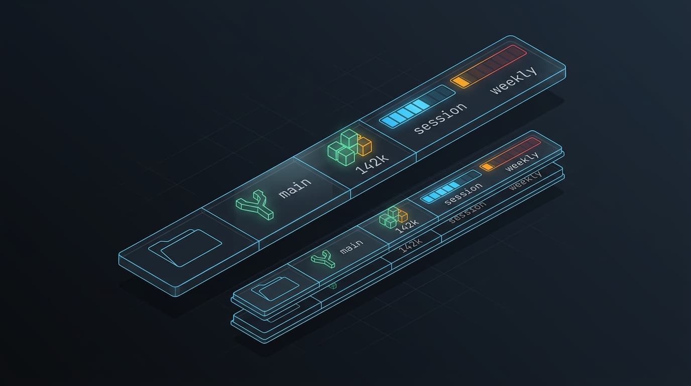 A status bar drawn as a glass panel with segments for folder, git branch, token count, and session and weekly usage meters, with a narrower copy wrapped onto two rows