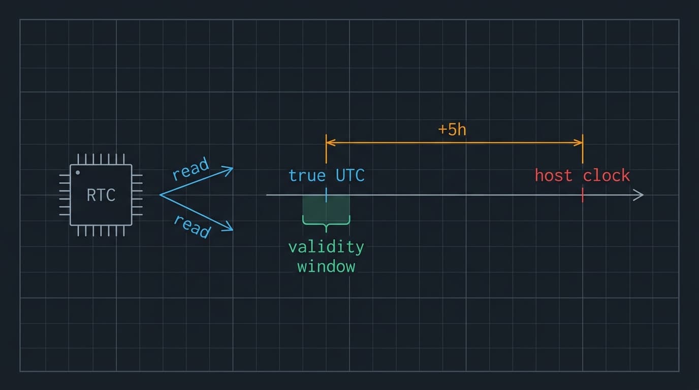 Timeline showing the host clock five hours away from true UTC, with the sign-in validity window sitting around true UTC, and one hardware clock read two ways