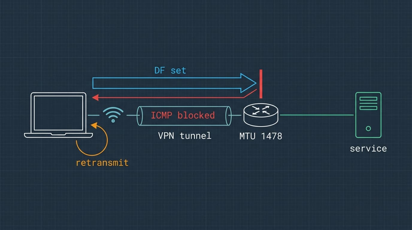 Network path from laptop through Wi-Fi and a VPN tunnel to a hop with a smaller MTU: a large packet with DF set stops there, the ICMP reply is blocked, and the laptop retransmits