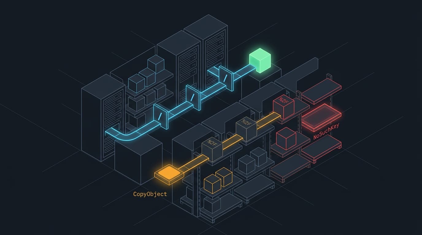 Two paths through storage shelves: one reaches the object, the copy request follows a path whose separators were replaced and ends at an empty red slot